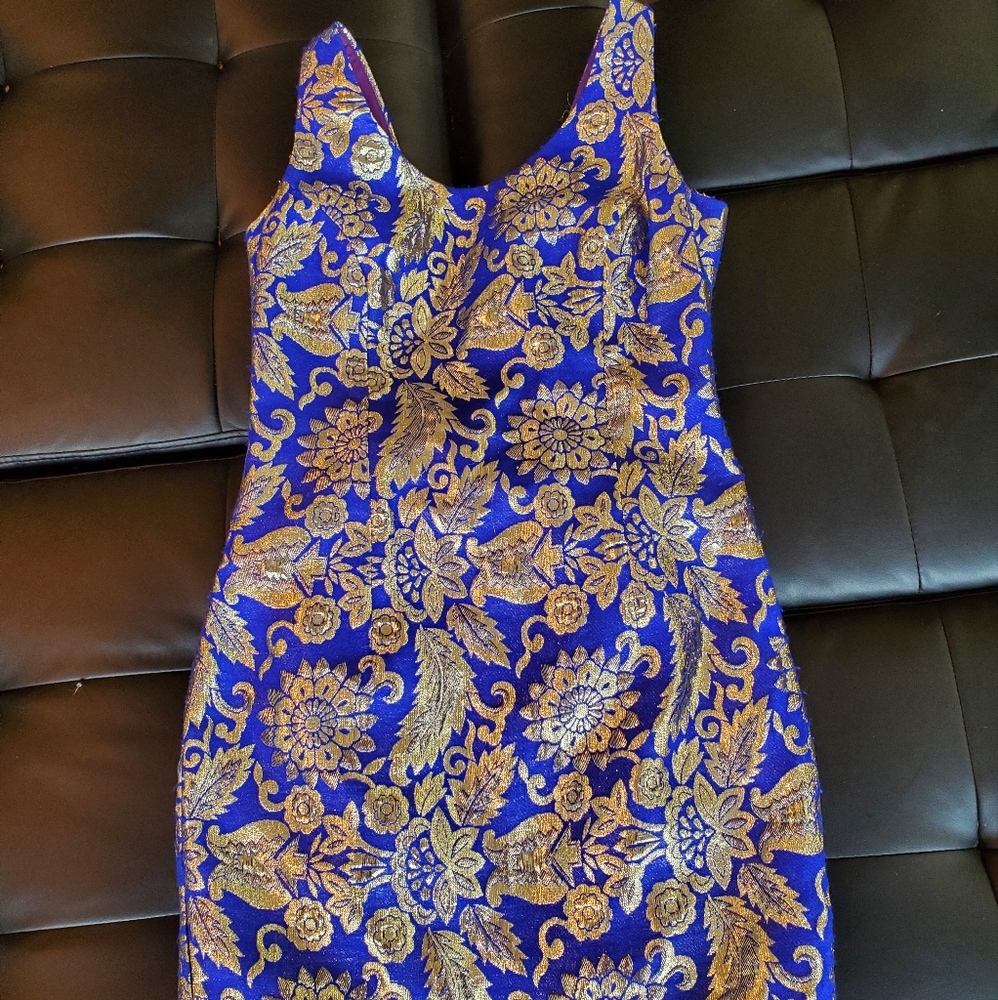 Jessica McClintock blue and gold sheath dress